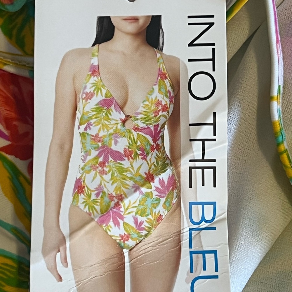 NWT Into The Bleu Womens 1 Piece Swimsuit White Floral Ringlet Criss Cross Sz M